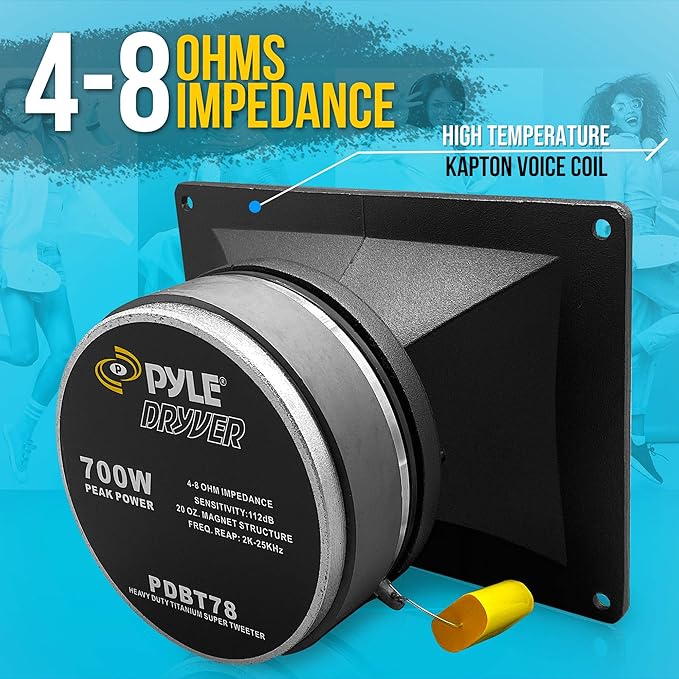 Pyle 2 Inch Car Speaker Tweeter - Heavy Duty 700 Watt High Power Super Titanium Audio Tweeter System w/ Die Cast Aluminum Frame, 2kHz-25 kHz Frequency, 112 dB, 4-8 Ohm, Crossover Capacitor PDBT78