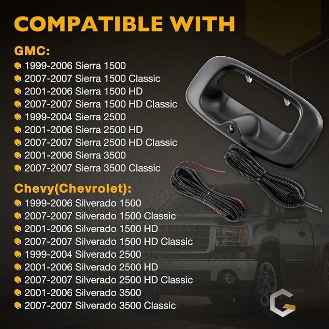 Gledewen Tailgate Handle with Backup Camera, Pickups Reverse Rear View Backup Camera, Compatible with 1999-2007 Chevy Silverado GMC Sierra 1500 2500 3500, Replaces#15997911 15228539
