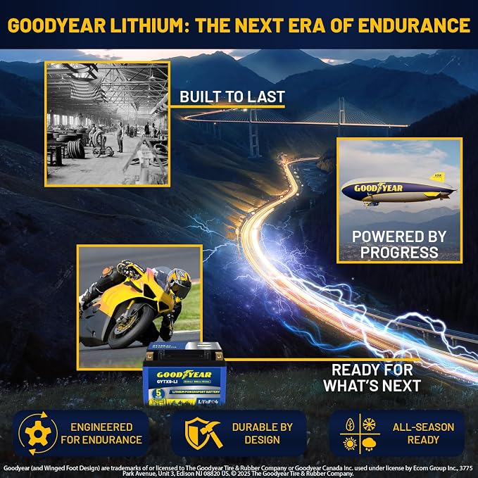 Goodyear GYTX9-LI Lithium LiFePO4 12.8V 300CCA Rechargeable High Performance Powersport Battery with Smart BMS Replacement for Motorcycle, ATV, UTV, Scooter, Watercraft, Jet Ski, and Snowmobile
