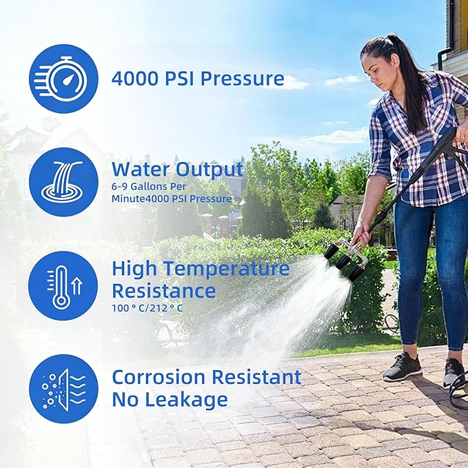 Triple Turbo Nozzle Pressure Washer, Triple Pressure Washer Nozzle, 360° Rotating 4000 PSI Turbo Nozzle with 1/4" Quick Connector 2.0 Orifice, 304 Stainless Steel for Driveway/Deck Clean(Black)