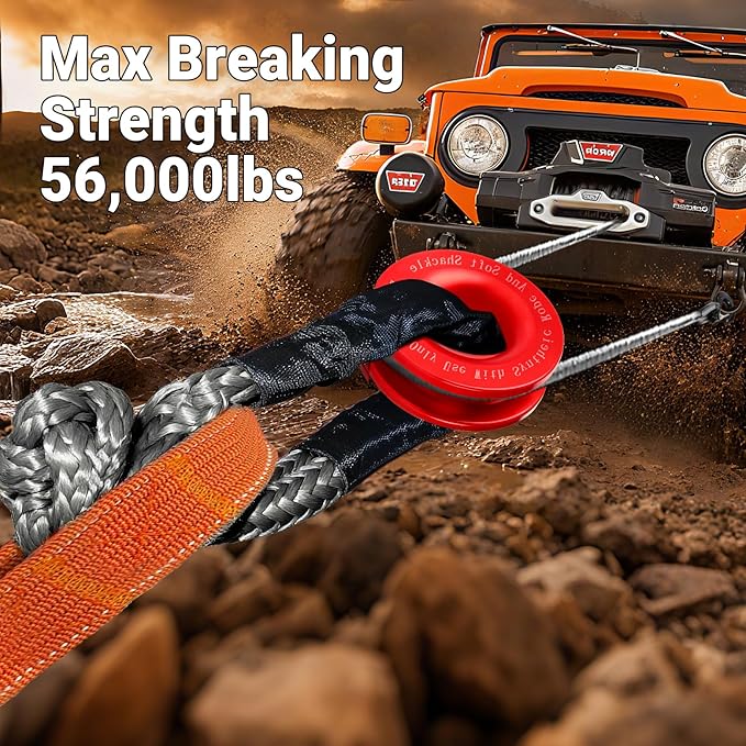 Synthetic Soft Shackle Rope 1/2 Inch x 22 Inch Gray Recovery Tow Shackles with Red Recovery Ring 56,000lbs Breaking Strength Offroad Soft Shackle Recovery Kit for Truck, Jeep, SUV, UTV, ATV