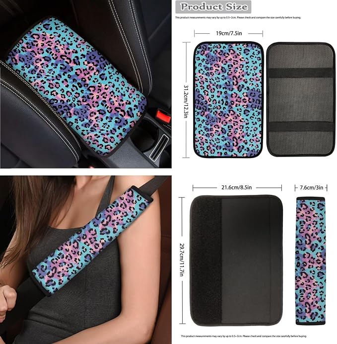 Colorful Leopard Car Seat Covers Full Set 15 Pcs Universal Car Accessories Steering Wheel Cover Seat Belt Pads Garbage Bag Car Headrest Pillow Covers Armrest Pad
