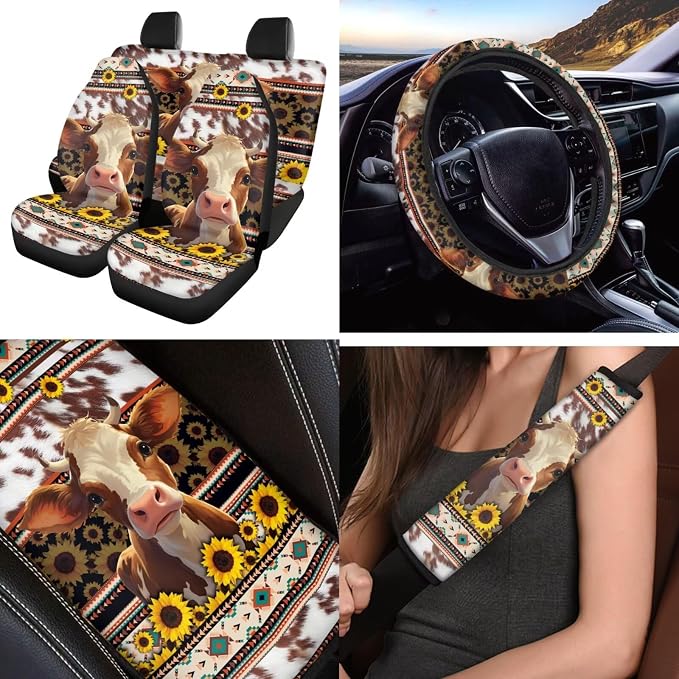 Aztec Cow 12 Pack Car Seat Covers Full Set with Steering Wheel Cover Arm Rest Cover Car Cup Coasters Auto Seat Belt Cover Easy to Install Universal Fit for Vehicles,Cars,Suvs