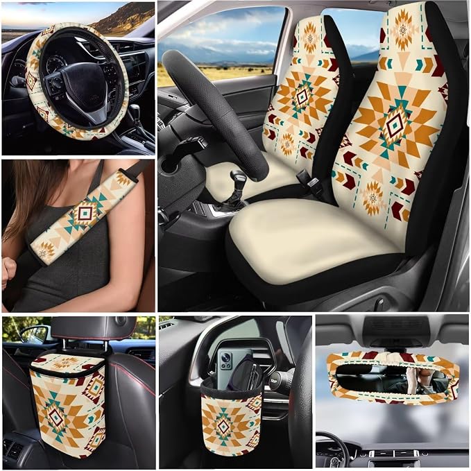 XYZCANDO Ethnic Prints Auto Interior 15 PCS Full Set Car Seat Cover Set Steering Wheel Cover Seat Garbage Bag Storage Box Belt Pads Cover Car Rear View Mirror Cover Coasters Keychain Fit Most Cars