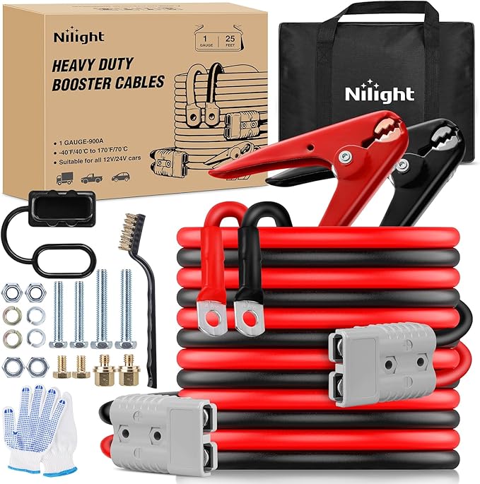 Nilight 1 Gauge 25 Feet Heavy Duty Jumper Cables 900 Amp Booster Battery Cables with Permanent Installation kit and Quick Connect Plug Includes Carrying Bag for 12V & 24V Cars SUVs and Trucks