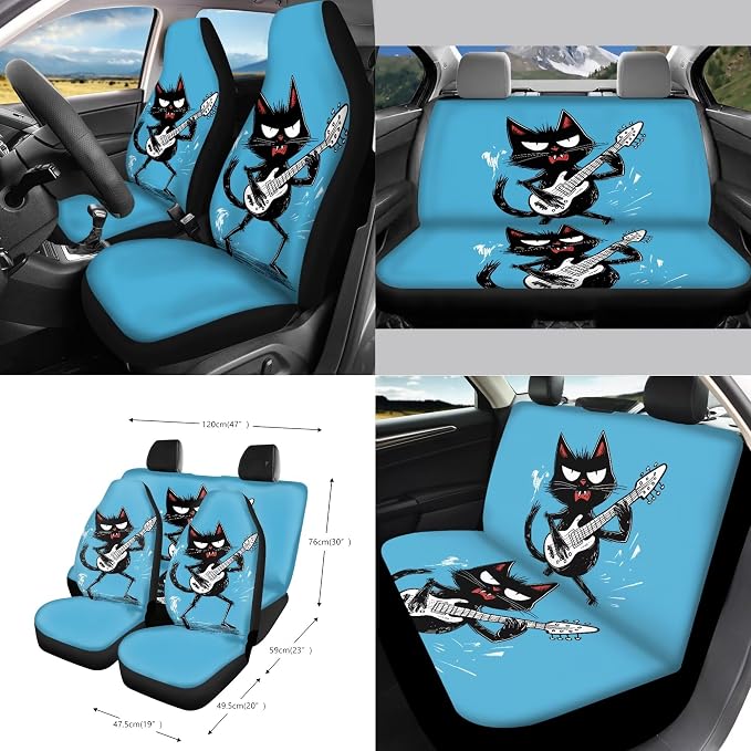 Cat Play The Guitar Print Car Seat Cover Full Set of 15 Seatbelt Strap Pad Steering Wheel Covers Rear View Mirror Cover Trash Cans Air Vent Storage Bag Cup Coasters Keychain