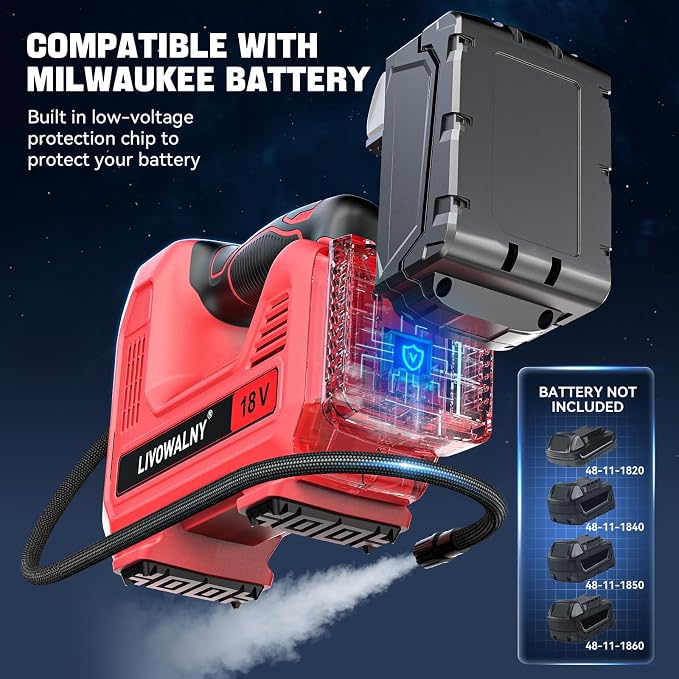 160PSI Cordless Tire Inflator Air Compressor Compatible With Milwaukee 18V Battery, LIVOWALNY Portable Handheld Air Pump with Digital Pressure Gauge for Cars Motorcycles Bikes Sport Balls (Tool Only)