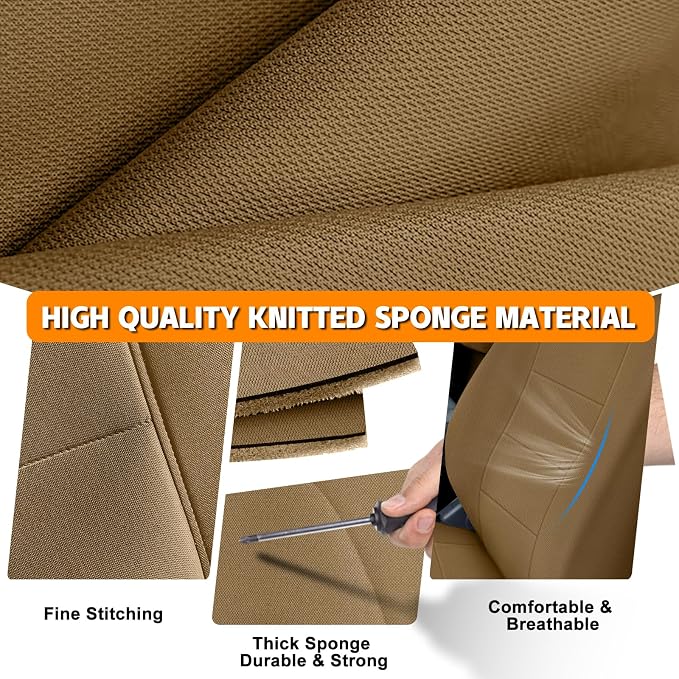 Truck Seat Cover Compatible with 1995-2000 Toyota Tacoma, Knitted Front Bench 60/40 Seat Covers with 2 Headrests and Center Console, Tan