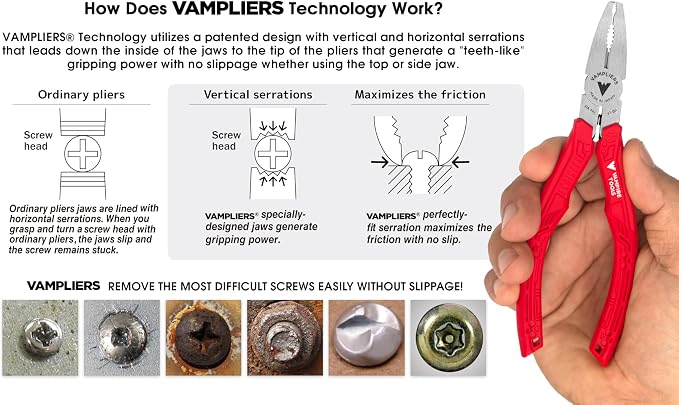 VAMPLIERS 6.25" Stripped Screw Extractor Pliers. Made in Japan. Time-Saving Screw Removal Tool Quickly Extracts Rusted, Stuck, Damaged Screws & Fasteners.