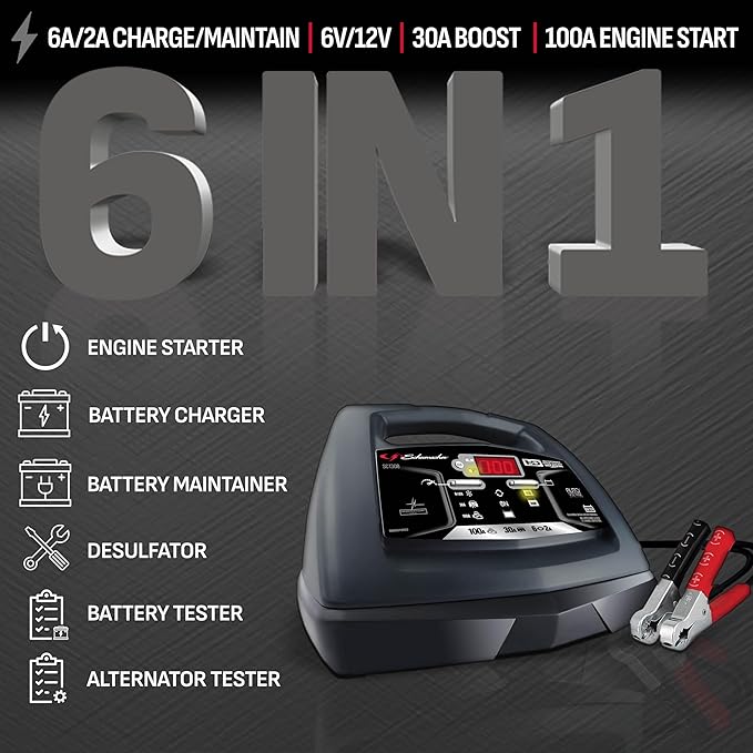 Schumacher Electric 6A Car Battery Charger and 100A Engine Starter, 6-in-1 Solution, Maintainer, 30A Boost, for 6V/12V Power Sport, Automotive, and Marine Batteries, SC1308