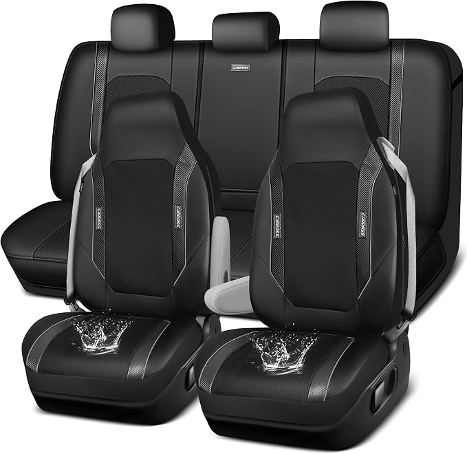 CAR PASS Faux Leather High Back Seat Covers Full Set, Sporty Waterproof Automotive Seat Covers, Anti Slip Airbag Compatible Universal Fit for Most Sedans Trucks Vans Suvs, All Black