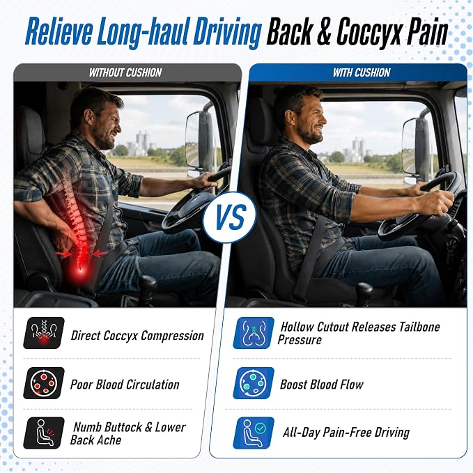 Truck Seat Cushion and Headrest Set for Long Driving - Memory Foam Car Seat Driver Cushion for Tailbone, Back & Sciatica Pain Relief, Ergonomic Lumbar Support for Semi Truck - Black