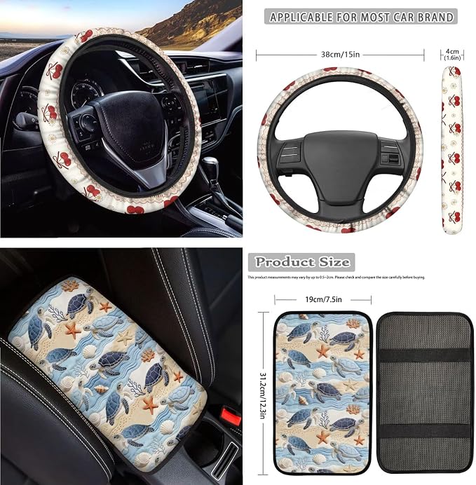 Sea Turtle Print Automotive Seat Covers & Accessories Starfish Shell Print Car Front Rear Seat Covers with Steering Wheel Cover Center Console Pad Seatbelt Pads Headrest Protectors