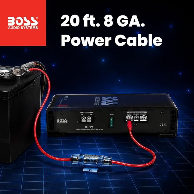 BOSS Audio Systems R1100MK Monoblock Car Amplifier and 8 Gauge Wiring Kit - 1100 High Output, High Low Level Inputs, Low Pass Crossover