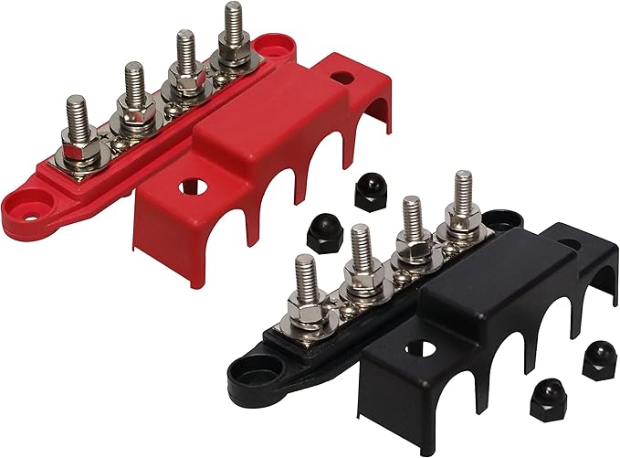 (Red & Black) 5/16" 4 Stud Bus BAR Power Distribution Block - Made in The USA - for Marine Battery Terminals, 12v Power and Ground Distribution Blocks - Terminal Block for Battery Terminals - BusBar