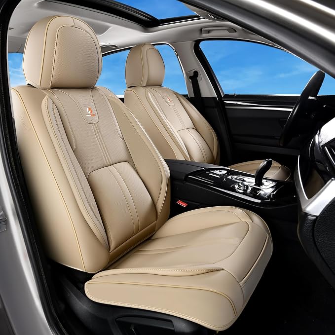 Huidasource Beige Seat Covers Luxury Nappa Leather, Car Seat Cover with Velcro Adjustable, Airbag, Lumbar Support, Cooling＆Heating, Automotive Seat Covers Universal Fit for Most Cars SUV Trucks Beige