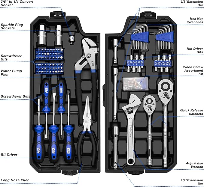 Prostormer 240-Piece Mechanics Tool Set, General Assorted SAE/Metric Sockets and Wrenches Automotive Repair Tool Kit with Plastic Storage Toolbox