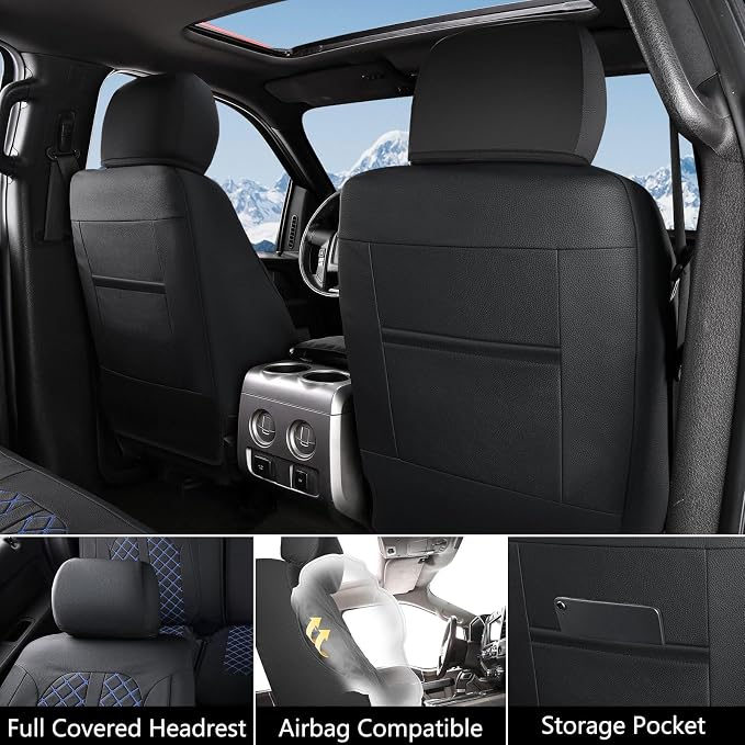 Truckiipa Leather Ford F150 Seat Covers Full Set, Waterproof Custom Automotive Seat Covers Fit for 2015-2026 Ford F150 SuperCrew, 2017-2026 F250 F350 F450 Super Duty Crew Cab, Full Set, Black&Blue