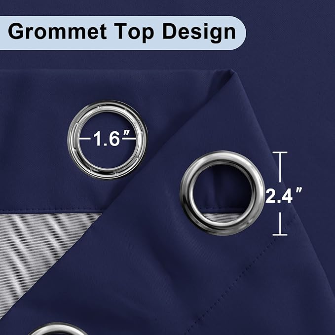 XWZO 100% Blackout Curtains with Tiebacks- Extra Wide Full Shade Window Drapes Thermal Insulated Double Layer with Black Liner for Bedroom/Living Room, Grommet Top, Navy Blue, W70 x L63, Set of 2