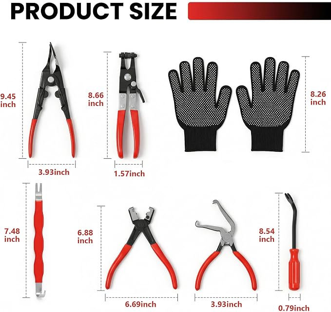 8 Pcs Automotive Electrical Disconnect Pliers Kit w/Gloves - High-Carbon Steel Connector Separator, Hose Clamp & Trim Clip Removal Tools for Auto Repair,Automotive Repair Tool Kit