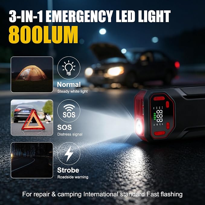 MT21 Jump Starter with Air Compressor,12V Battery Booster Pack(10L Gas/8L Diesel) with 5000A–Spark-Proof & Reverse Polarity Protected,150PSI Portable Jump Box & Tire Inflator with LED Light