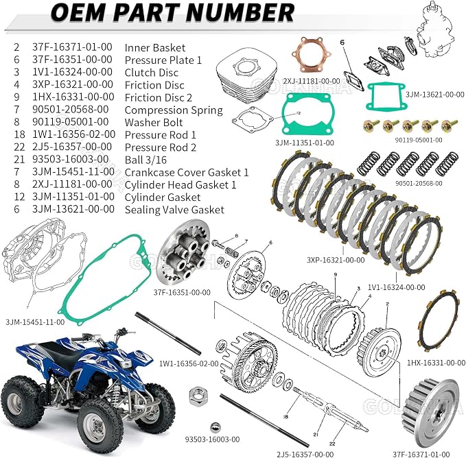 Clutch Kit & Inner Hub & Outer Pressure Plate With Complete Gaske for Yamaha Blaster 200 YFS200 1988-2006