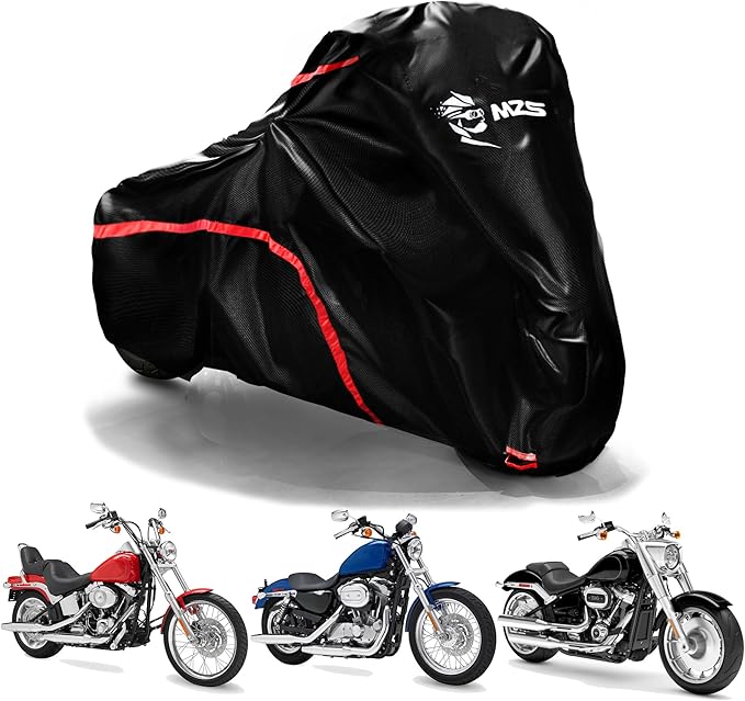 MZS Motorcycle Cover Waterproof Outdoor Compatible With HD Cruiser Models Sportster Softail Dyna V-rod Low Rider Sport Glide Fat Boy Heritage Nightster Iron 420D All Season Weather Covers Storage