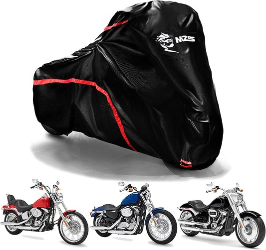 MZS Motorcycle Cover Waterproof Outdoor Compatible With HD Cruiser Models Sportster Softail Dyna V-rod Low Rider Sport Glide Fat Boy Heritage Nightster Iron 420D All Season Weather Covers Storage