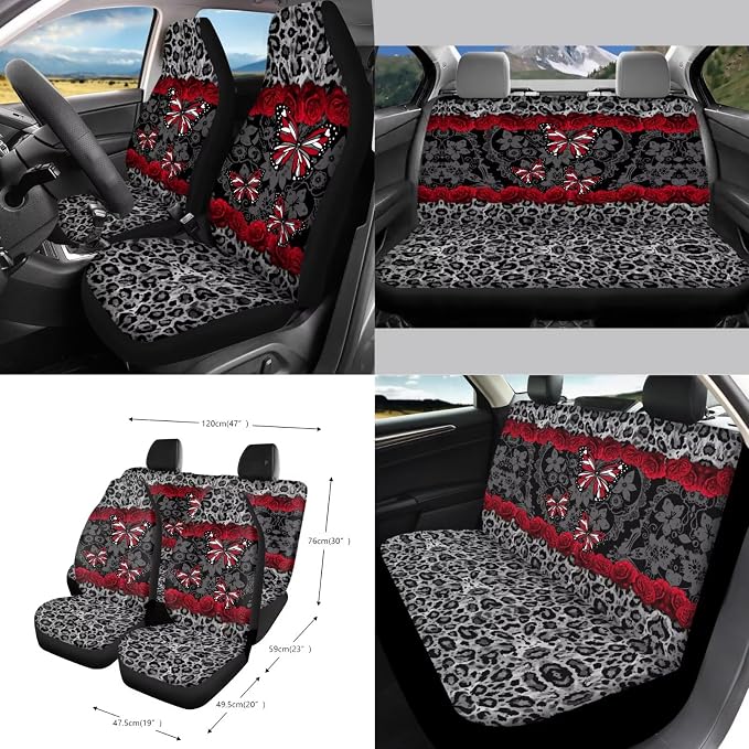 15Pcs Car Seat Cover Sets Full Set Butterfly Rose Leopard Print Front and Rear Car Seat Covers with Steering Wheel Cover Safety Belt Pads Garbage Bag etc, Easy to Install