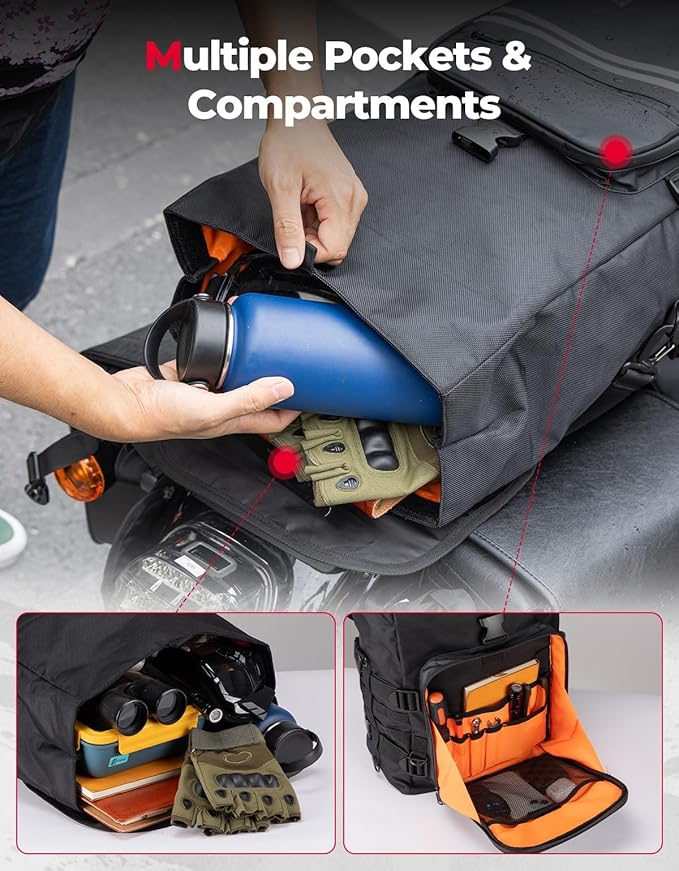 KEMIMOTO Motorcycle Sissy Bar Bag 30L Motorcycle Tail Travel Luggage Bag with Waterproof Rain Cover for Trip Camping Outdoor Motorbike with 4 Straps 1 Shoulder Strap