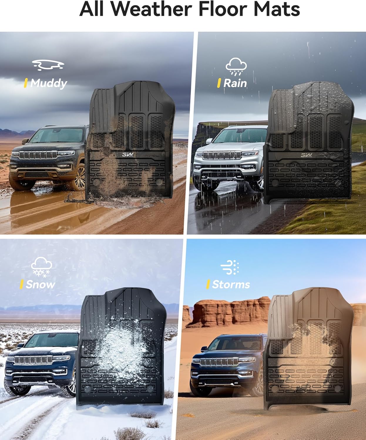 3W Floor Mats & Cargo Liner Fit for Jeep Grand Wagoneer 2022 2023 2024 2025 7 seat (Not Fit for L or 8 seat), TPE Custom Fit Wagoneer Floor Liner for 1-3 Rows and Trunk Mats Full Set Car Accessories