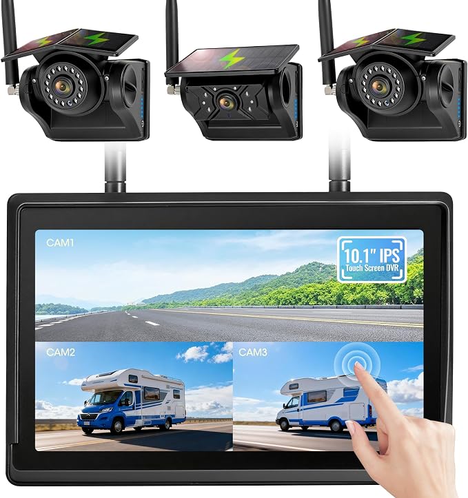 3 Solar Magnetic Wireless Camera System, 10.1" IPS DVR Touchscreen, 3x9600mAh Rechargeable Sideview + Rearview Cameras, IP69K Waterproof & IR Night Vision for Hitching Trailer Camper, AT3