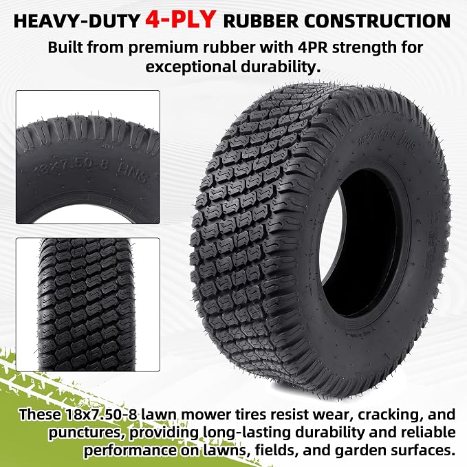 AR-PRO (2-Pack) 18x7.50-8 Tires, Replacement 4PR Durable Tubeless Tires for Lawn Mowers, Garden Tractors and Golf Carts, Rim Not Included