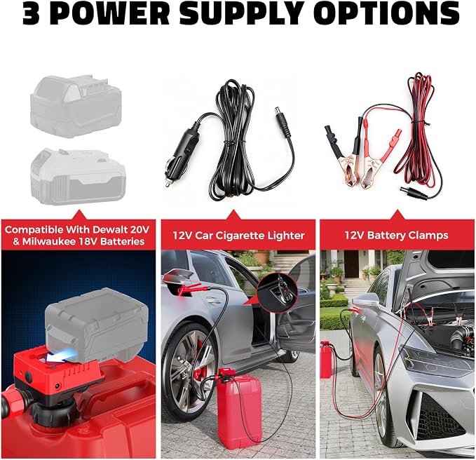 DIYtoolifz 5 GPM Cordless Fuel Transfer Pump Compatible with DeWalt 20V & Milwaukee 18V Batteries, Portable Gas Can Pump with 51" Hose, 5 Adapters, Gas Pump for Diesel, Gasoline (Bare Tool)