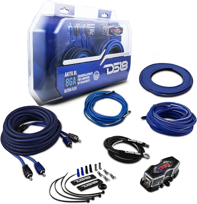 DS18 AKIT8.BL 8-GA Amplifier Installation Wiring Kit - Up to 840W Max, ANL Fuse Holder with 60A, Speaker & RCA Cables, CCA Amplifier Wiring Kit, Ultra Flex Wire, Amp Wire Kit 8 Gauge - Blue