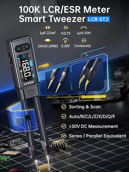 FNIRSI LCR-ST2 100kHz LCR ESR Meter Tweezer, SMD Component Tester, Auto Sort Compare, Resistor, Inductor, Diode, Capacitor Tester, Measures Voltage, Continuity, Full-Band Scan, Series/Parallel Mode