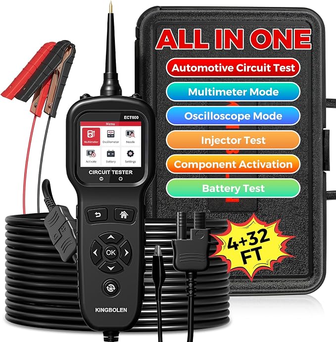 KINGBOLEN ECT600 Automotive Power Circuit Probe Tester with Battery/Relay/Fuel Inject Test, 12-24V Electrical Short/Open Circuit Finder, AC/DC Voltage,Component Activation, Oscilloscope Display,36FT