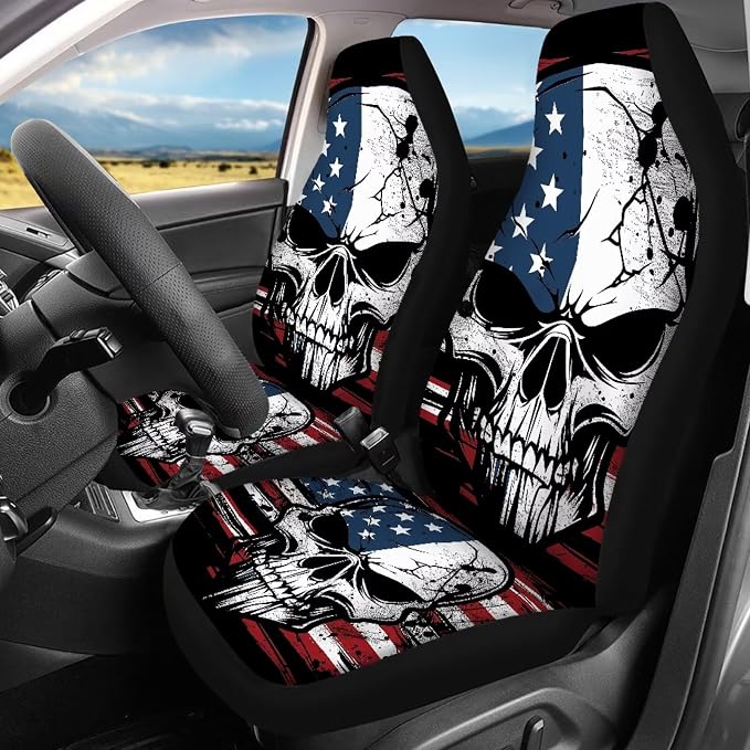 13 Pcs American Flag Skull Car Seat Covers Full Set with Auto Steering Wheel Cover Armrest Cushion Protector Seat Belt Covers, Automotive Interior Sets Unverisal Fit Cars SUV Turcks
