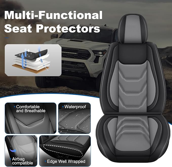 Seat Covers Compatible with 2024 2025 2026 Toyota Tacoma Double Crew Cab Waterproof Leather Seat Protectors for Trucks (5pc Full Set, Black&Grey)