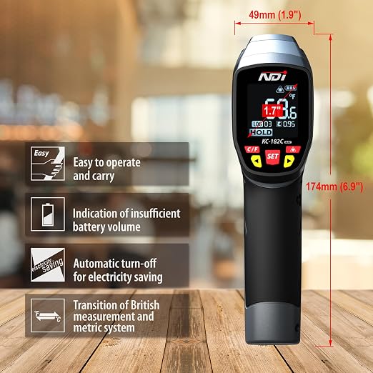 NDI High-Precision Infrared Thermometer Temperature Gun, -58℉ to +2372℉, Multi-Purpose for Cooking, Steel Smelting, Automotive Engine Repair, HVAC IRT Gun with Adjustable Emissivity