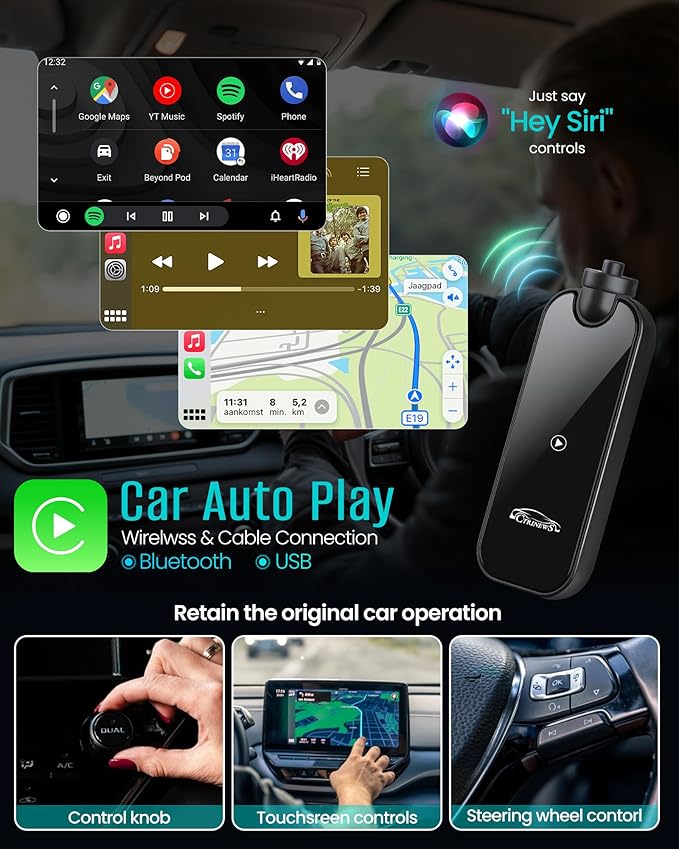 Wireless Carplay Adapter for Apple iPhone iOS 10+ & Cars from 2016+, Upgraded Model adds Emergency Escape Window Breaker Function, Auto-Connect Stable Control & No Latency (M9)