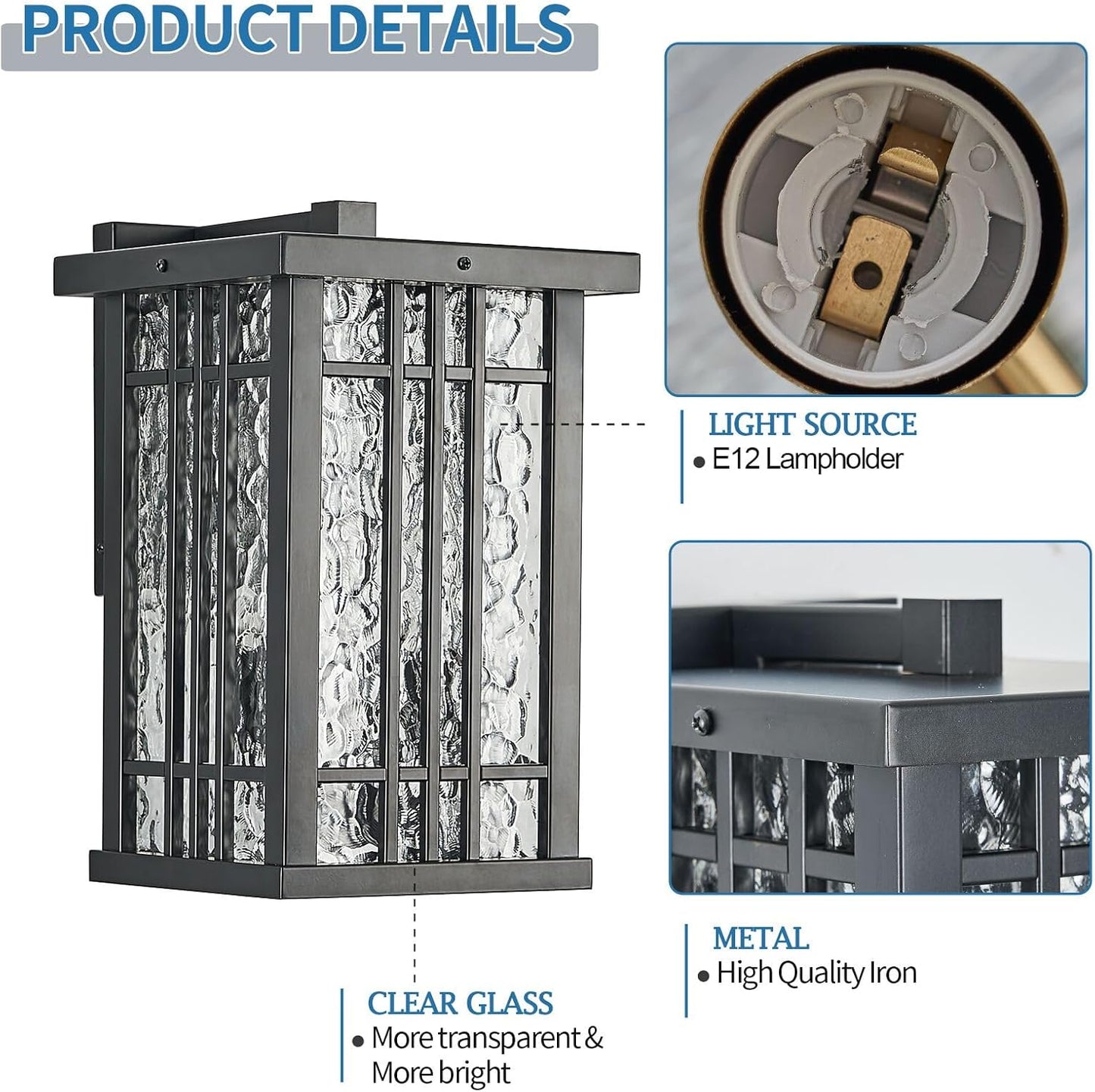 2-Light Outdoor Wall Light E26 Base Metal Frame - Black Exterior Waterproof Lanterns with Clear Glass, Porch Wall Mount Lighting for Garage, Patio(Bulb not Included)