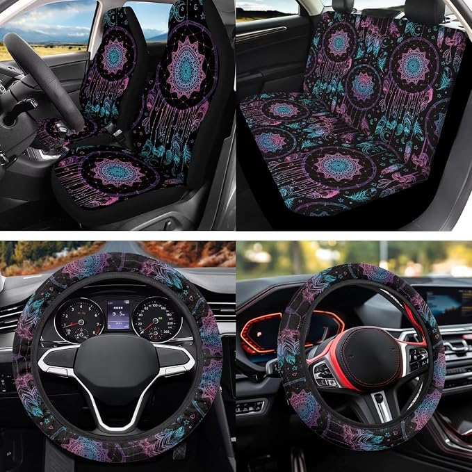 Purple Dreamcatcher Car Seat Covers Full Set 12 Pack with Steering Wheel Cover,Seat Belt Covers Cup Holder with Keychain,Novelty Automotive Protector Set Unverisal Fit Cars SUV