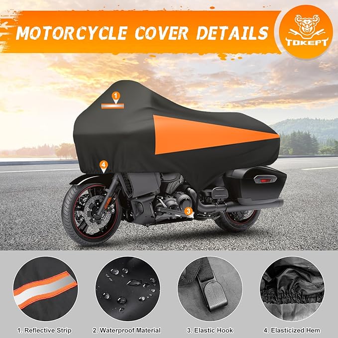 Motorcycle Half Cover with Elastic Hook Waterproof Dustproof Sunproof All-Weather Protection Suitable for Touring Models Road King Street Glide Road Glide and More(Black&Orange)