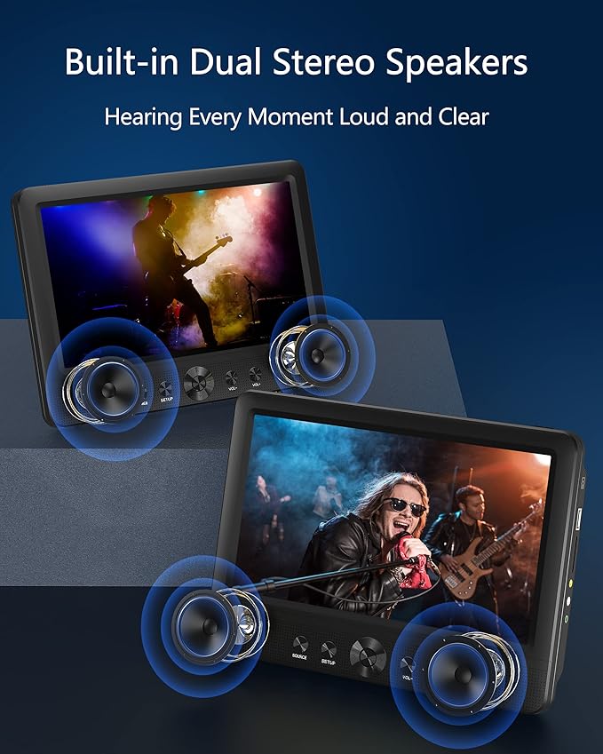 WONNIE 10.5" Two DVD Players Dual Screen for Car Portable CD Player, Play a Same or Two Different Movies with Two Mounting Brackets, 5-Hour Rechargeable Battery, Support USB/SD Card Reader