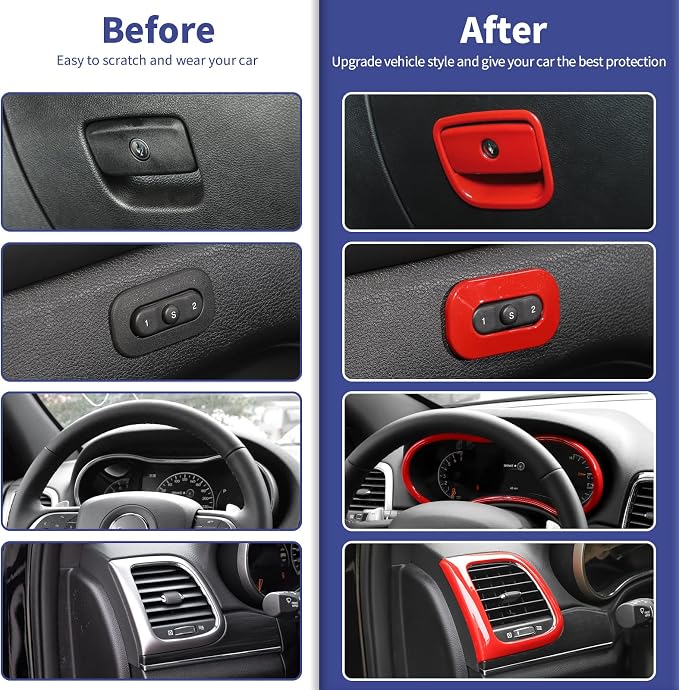16PCS Full Set Interior Trim Kit Compatible with 2014-2020 Jeep Grand Cherokee,Dashboard Panel Side Outlet Decorative Cover (Red)