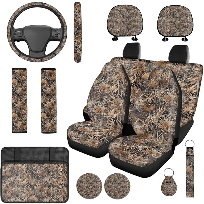 Bulopur Duck Hunting Camo Automotive Seat Covers Full Set with Matching Car Steering Wheel Cover Washable Armrest Cushion Pad Removable Seat Headrest Cover 14 Pack Auto Interior Decor Set