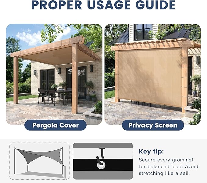 90% Sun Shade Cloth with Grommets, Customizing Outdoor Pergola Shade Cover, Heavy-Duty Mesh Tarp Patio Sun Screen for Lawn Garden Backyard, 10X13 FT, Wheat