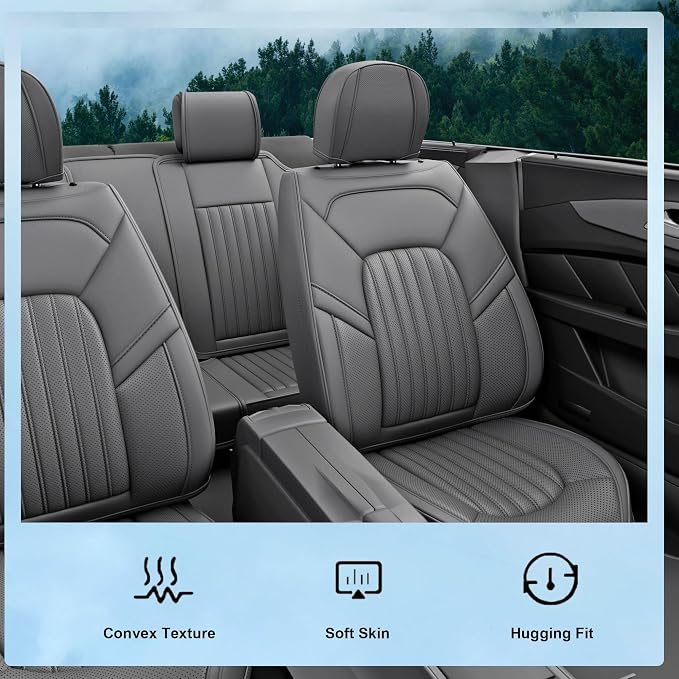 5 Pieces ZC Front and Rear Car Seat Covers, Waterproof Nappa Leather Full Set Car Seat Protectors, Universal Auto Interior Fit for Sedans SUV Pick-up Truck, Grey