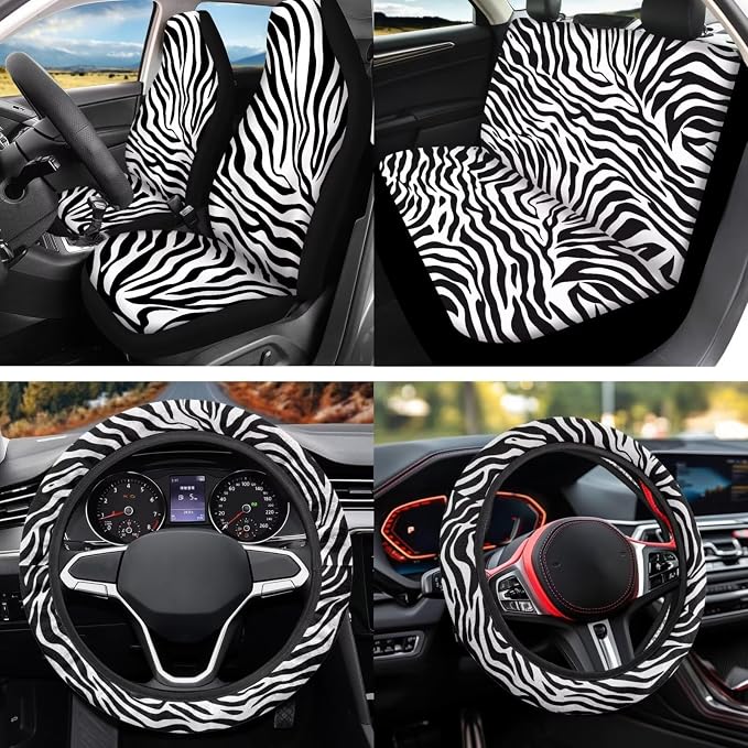 Zebra Print 12 Pcs Car Seat Covers Full Set with Auto Steering Wheel Cover Armrest Cushion Protector Seat Belt Covers Automotive Interior Sets Universal Fit for Cars SUV
